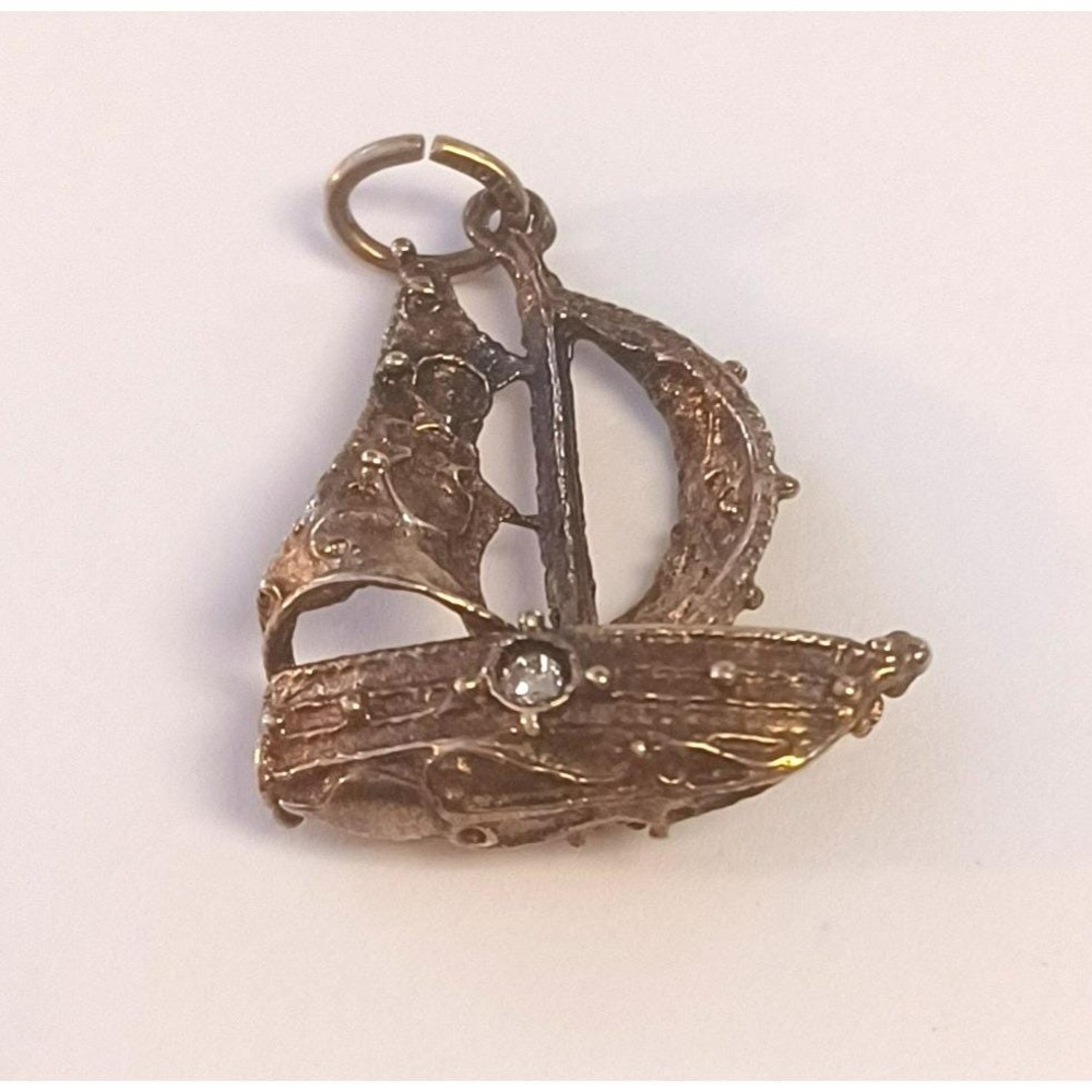 Vintage 3D Sailing Ship Pendant Charm Rhinestone Gold Wash Pewter Tone Nautical